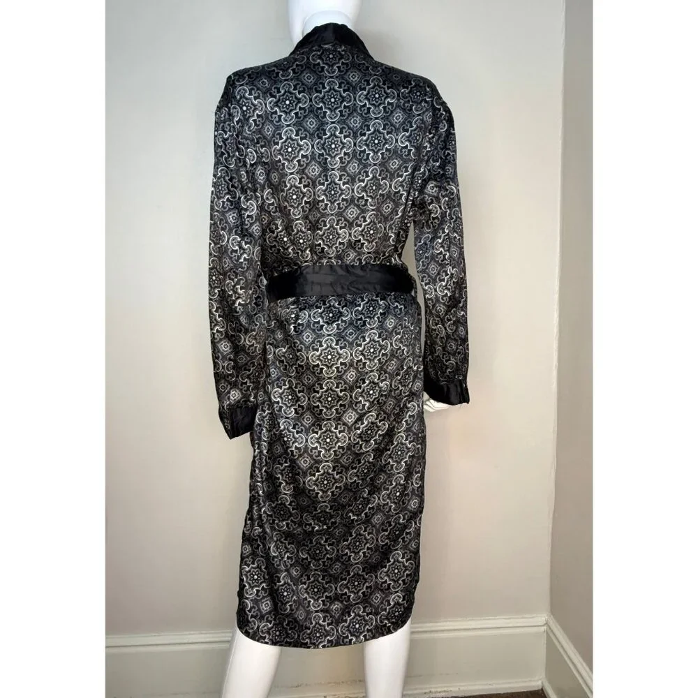 Vintage 1960s Men’s Black Medallion Print Robe Smoking Jacket, Sears Size Medium